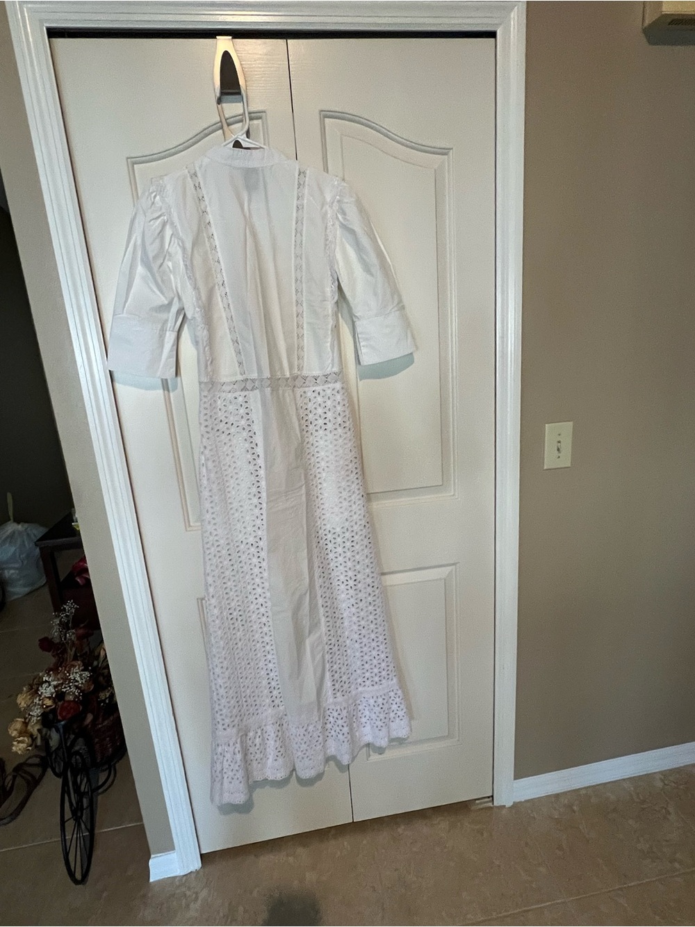 White Eyelet Maxi Dress with Puff Sleeves and Lace Insets